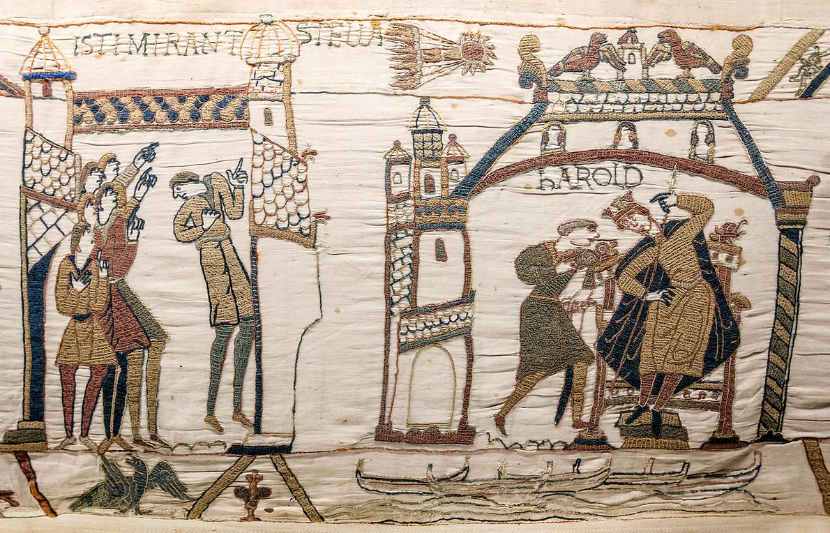 Cometa Halley, reprezentată pe Tapiseria de la Bayeux (© Myrabella / Wikimedia Commons)