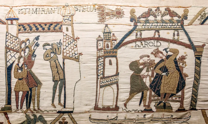Cometa Halley, reprezentată pe Tapiseria de la Bayeux (© Myrabella / Wikimedia Commons)
