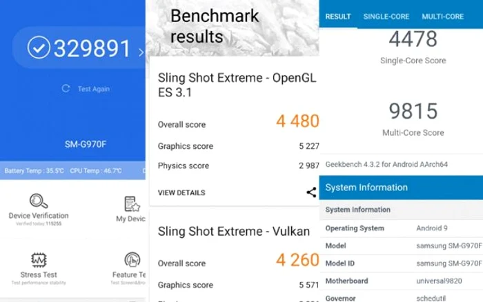 Samsung Galaxy S10e colaj teste AnTuTu 3D Mark şi Geekbench 4