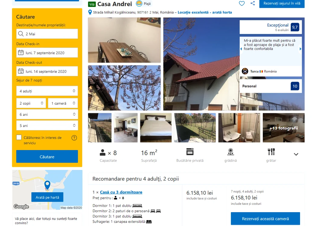 Am simulat o rezervare la vila lui Arșinel. Pentru 7 nopți, în luna septembrie, vila se închiriază în totalitate cu 6.158,10 lei