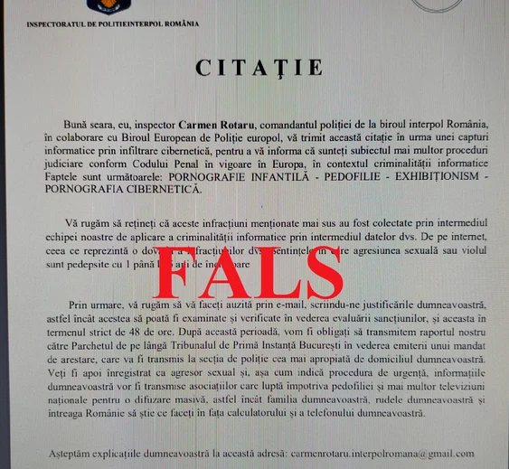 Așa arată unul din e-mailurile false ce folosesc identitatea Poliției Române FOTO IPJ Brăila
