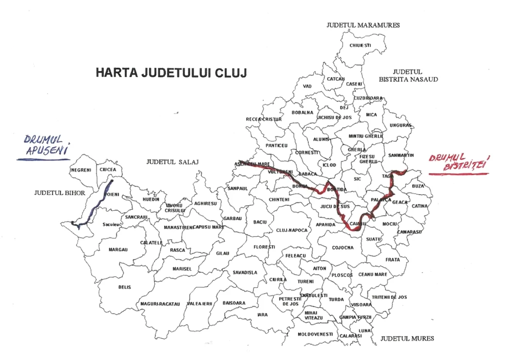 Liniile trasate reprezintă drumurile care vor fi modernizate de Cj cluj FOTO CJ Cluj