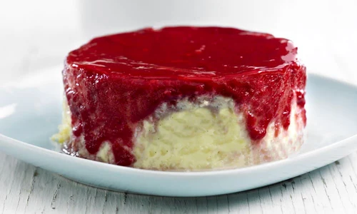 Individual rice pudding with raspberry puree jpeg