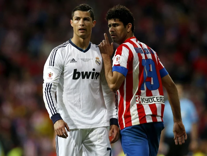 Ronaldo (stânga, 31 de goluri) şi Diego Costa (28 de goluri), golgheterii lui Real, respectiv Atletico. Doar unul va lua la final titlul de campion. FOTO: Reuters