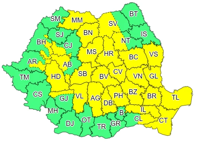 Județe țării vizate de codul galben de vreme rea