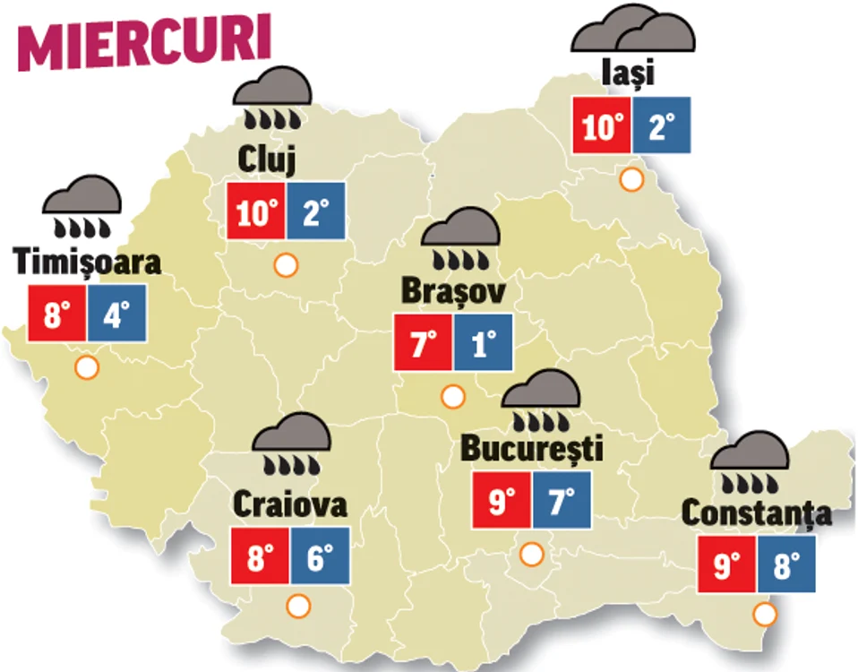 Astăzi vremea va fi închisă în toate regiunile și vor cădea precipitații