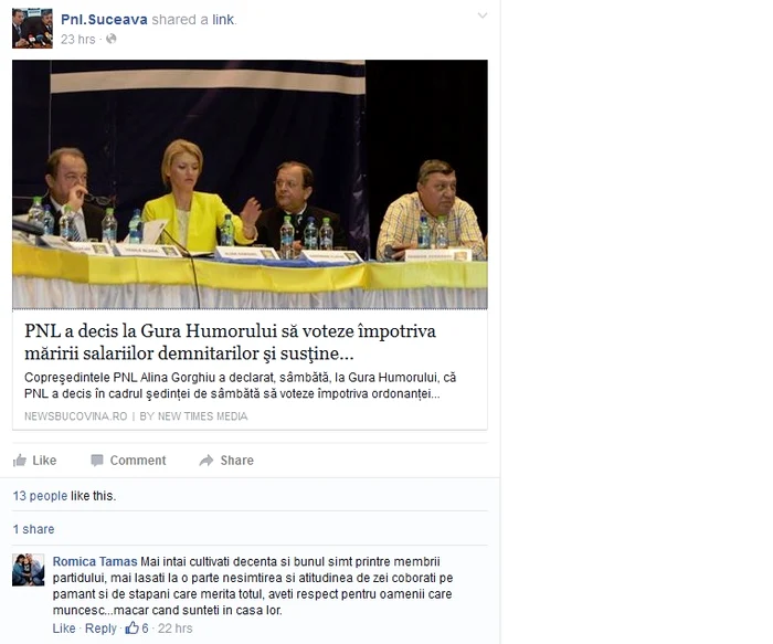 iată ce a scris directorul Romică Tămaș pe contul de Facebook al PNL Suceava
