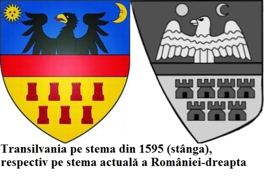 Transilvania pe stema din 1595 respectiv pe stema actuală a României