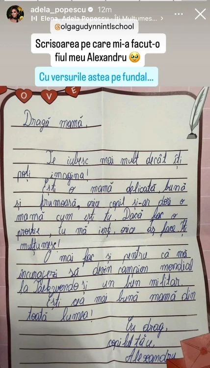 Scrisoarea primită de Adela Popescu din partea fiului - Foto: Instagram