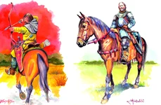 Stânga: Călăreț din cavaleria ușoară. Echipat uşor, fără armură, călărețul este înarmat cu un arc și săgeți, o tolbă separată pentru arc și o sabie. Arcașii călare erau folosiți în cercetarea teritoriului, atacuri prin surprindere, flancarea inamicul