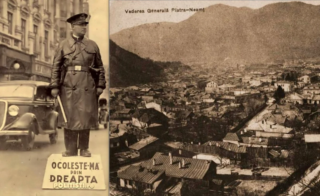 Poliţist interbelic şi vedere generală a oraşului Piatra-Neamţ FOTO Arhivă Ghe Radu