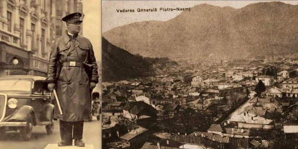 Poliţist interbelic şi vedere generală a oraşului Piatra-Neamţ FOTO Arhivă Ghe Radu