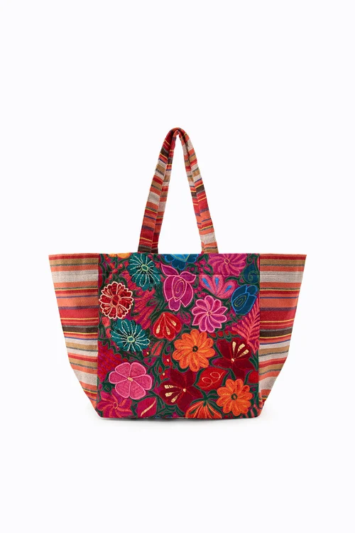 Geantă shopper cu flori brodate