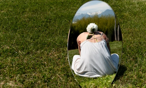 young woman posing with peony flower mirror grass outdoors jpg