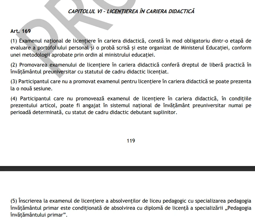 Foto: Captură proiectul legii învățământului preuniversitar