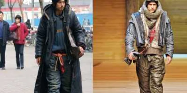 Xi Li Ge, un vagabond din China (stânga) şi Marile case de modă, cum ar fi Dolce&Gabbana, au prezentat colecţii „Homeless Chic“ (dreapta)