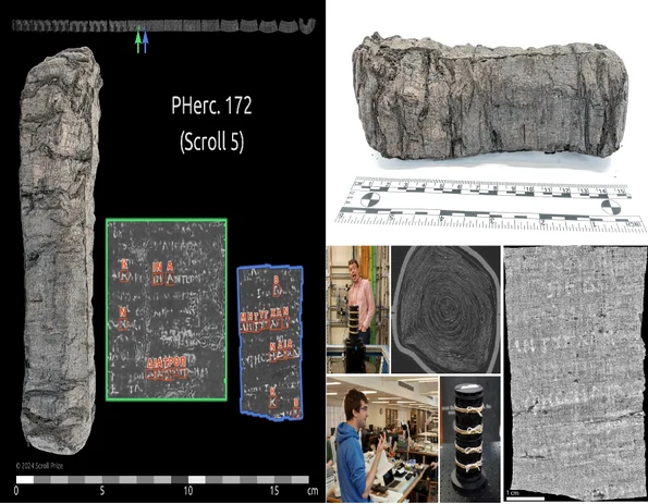 Pergamentul de la Herculaneum ce așteaptă să fie descifrat pentru 400.000 de lire sterline Colaj Vesuvius Challenge