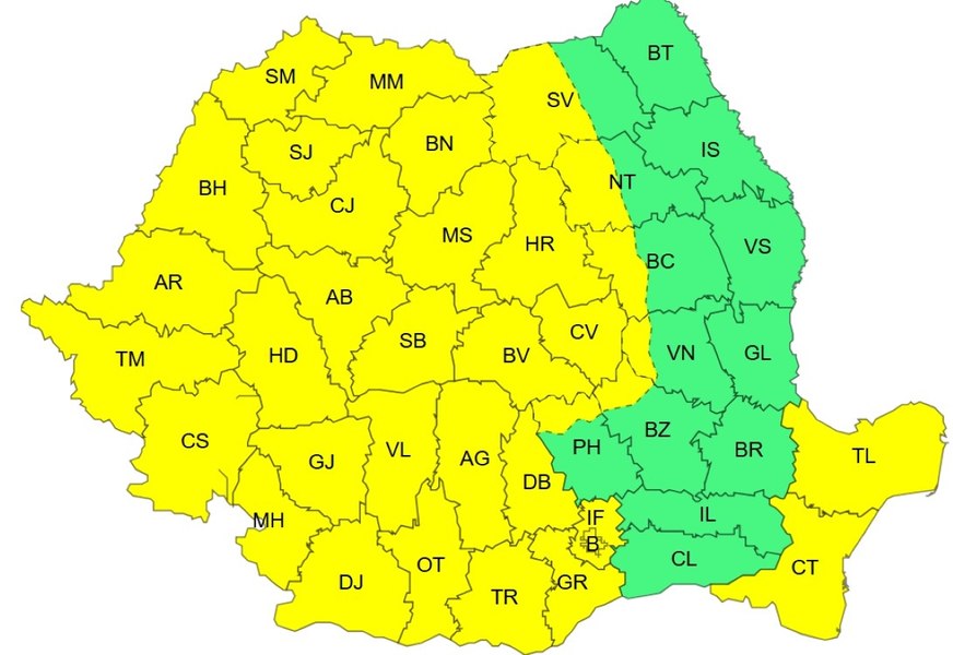 România, sub cod galben de vânt: zonele care scapă de avertizarea meteo. Rafalele ating 120 km/h 