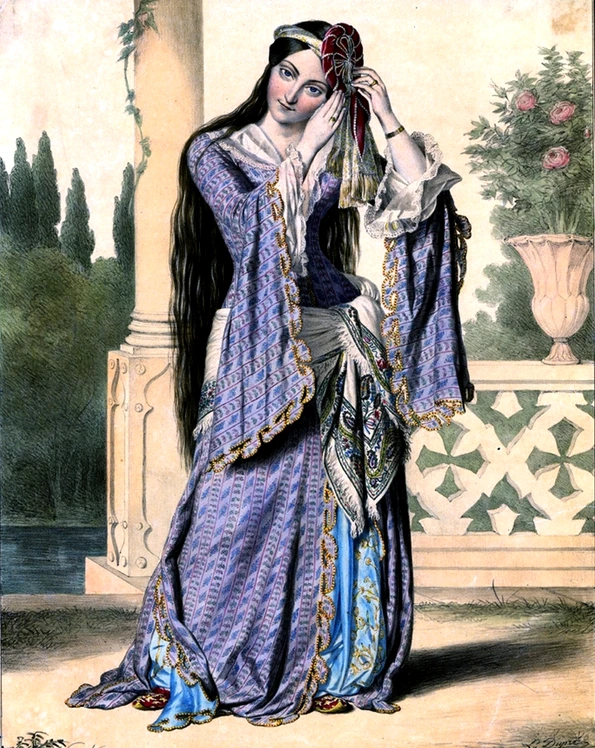 Prințesa Elena Suțu, îmbrăcată în veşminte orientale. Portret de Louis Dupré
