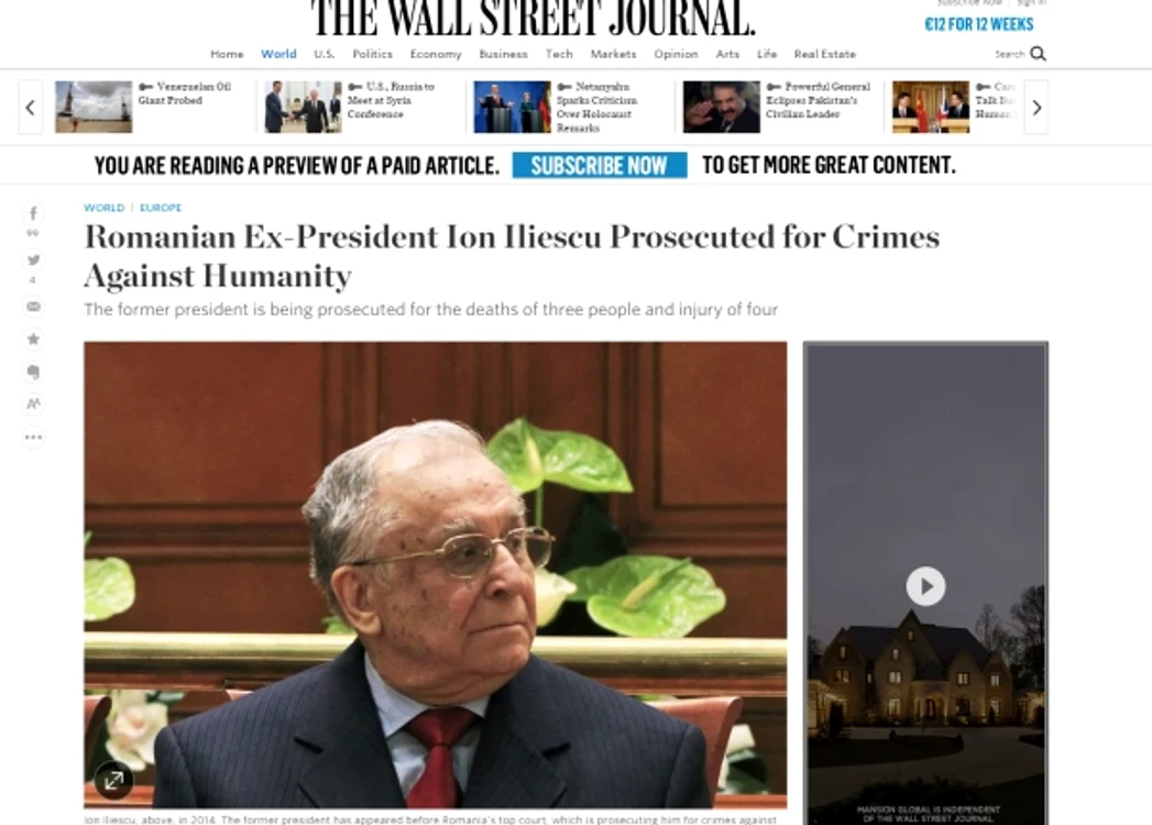 Wall Street Journal a titrat: "Fostul președinte al României Ion Iliescu urmărit penal pentru crime împotriva umanității"