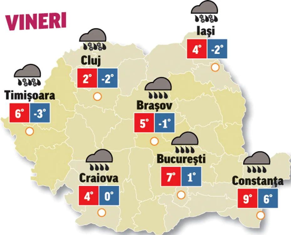 Prognoza meteo 15 ianuarie anunță că vineri nebulozitatea va fi accentuată în toate regiunile și temporar vor cădea precipitații