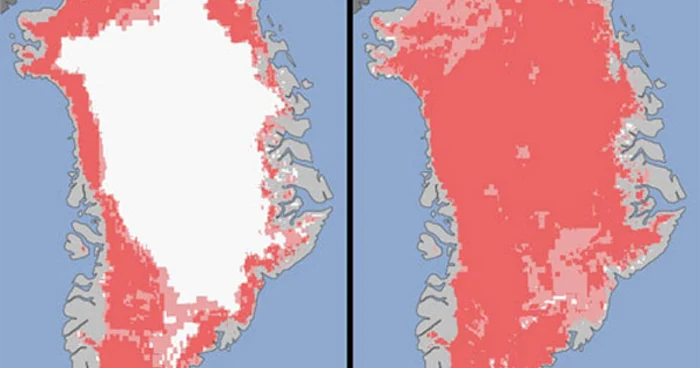 IMaginea din dreapta arată cât de puţină gheaţă a rămas în Groenlanda în iulie FOTO: NASA