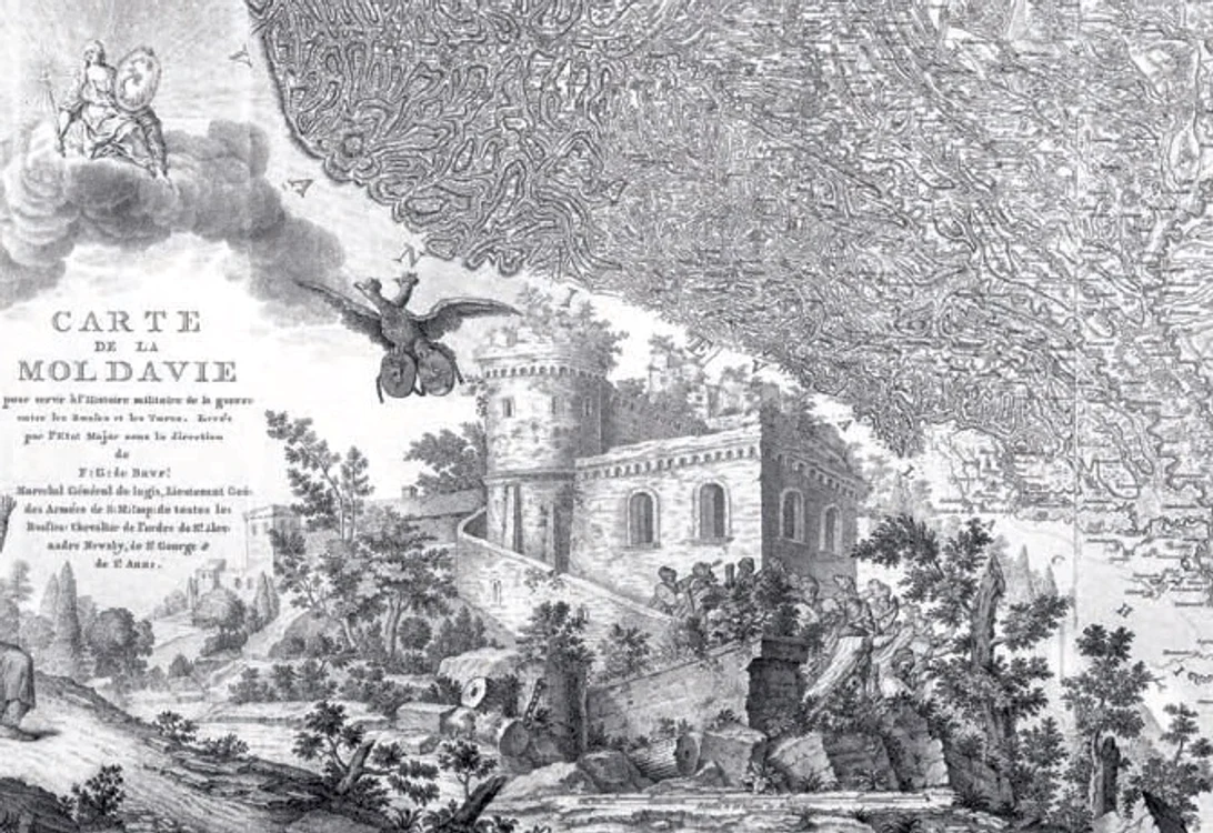 Hartă stilizată a Moldovei (secolul XVIII), realizată la Amsterdam de F.G. de Bawr