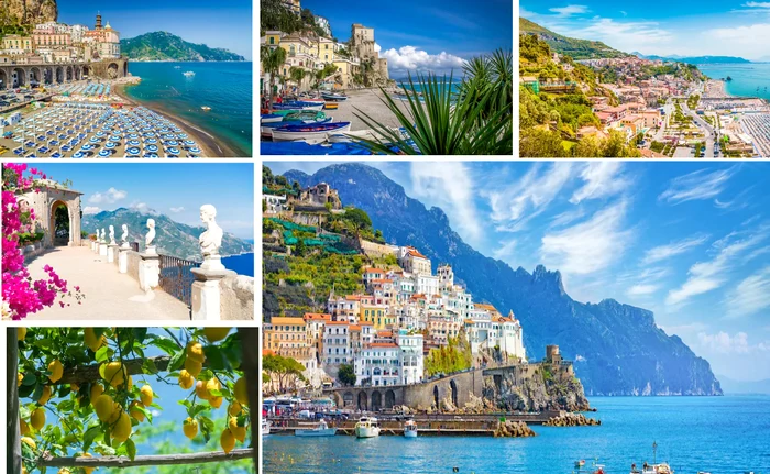 Colaj cu imagini de pe Coasta Amalfi