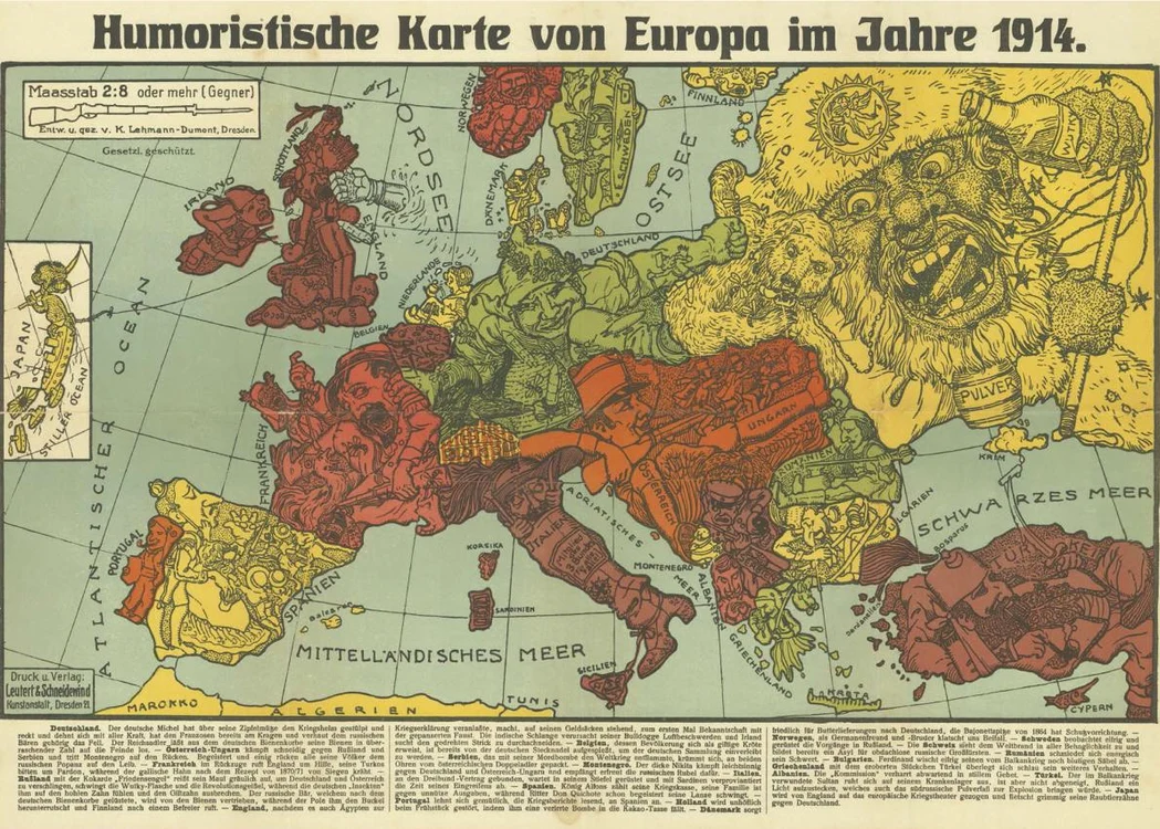 Fiecare ţară din această hartă nemţească reprezintă câte un animal,  cu excepţia Germaniei şi Austro-Ungariei. Harta are şi o descriere sugestivă „Germania şi Austro-Ungaria – îmblânzitorii de animale”