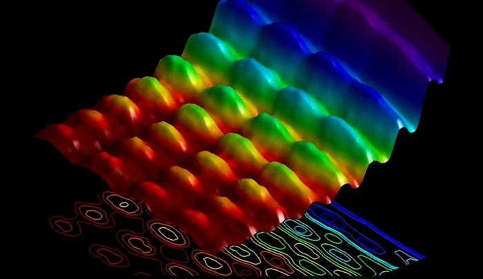 În partea de sus a imaginii avem lumina sub formă de undă, iar jos e lumina sub formă de particulă