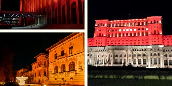 palatul parlamentului, palatul victoria si administratia prezidentiala, iluminate cu portocaliu de ziua eliminarii violentei impotriva femeilor foto colaj grindeanu administratia prezidentiala png