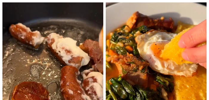 Carne la garniță cu spanac, ou și mămăligă / FOTO: Colaj captură video TikTok