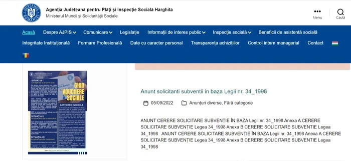 Pe site-ul AJPIS Harghita apare ghidul privind voucherele sociale. FOTO: captură site