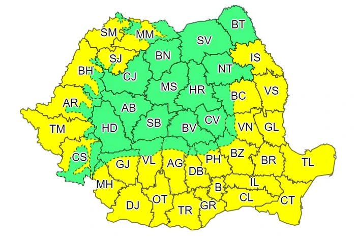 Harta regiunilor afectate de codul galben de caniculă Foto: meteoromania.ro