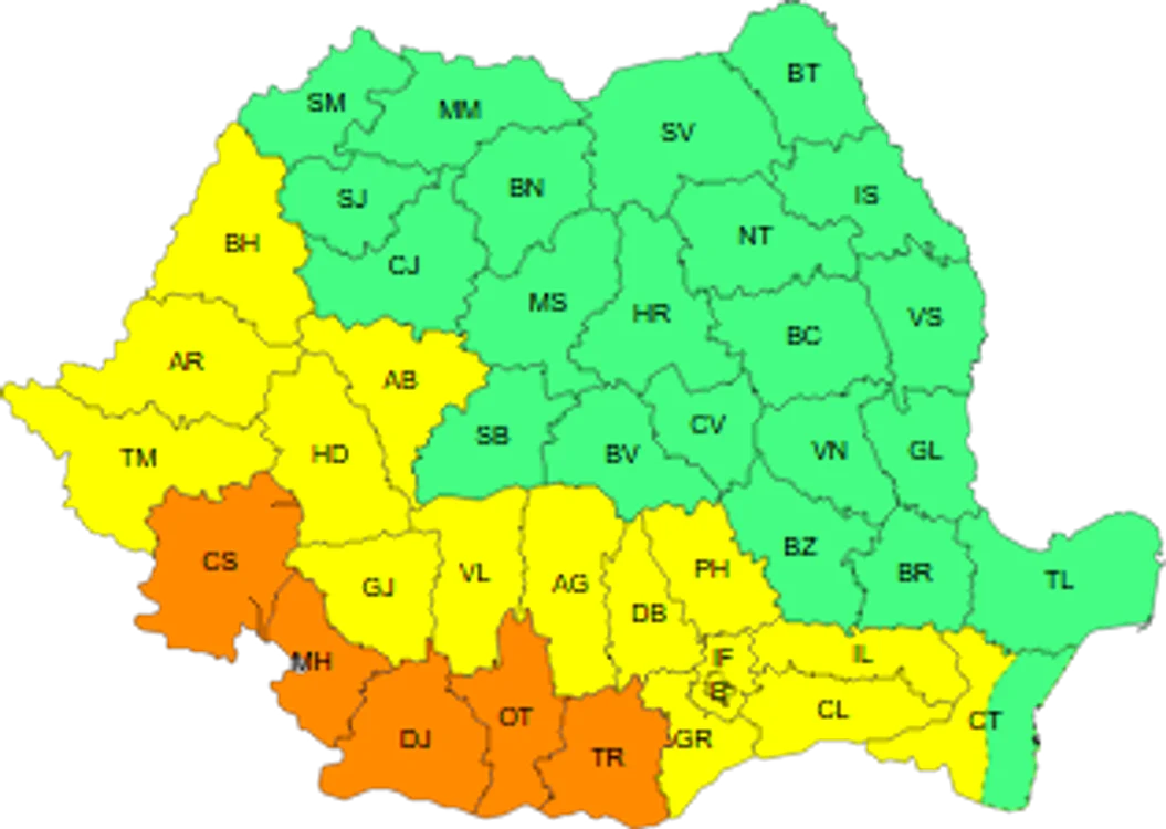 Județele afectate de codurile galben și portocaliu de luni. FORO ANM