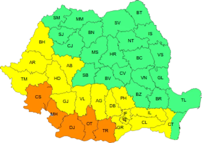 Județele afectate de codurile galben și portocaliu de luni. FORO ANM
