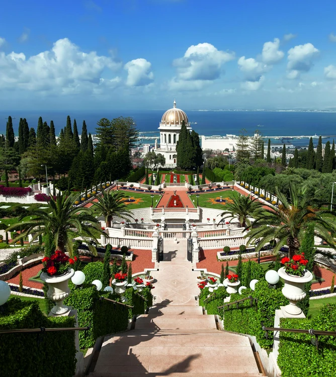 HAIFA, ISRAEL APRIL 16, 2012: Top view of the Bahai Garden and Haifa, Israel jpeg