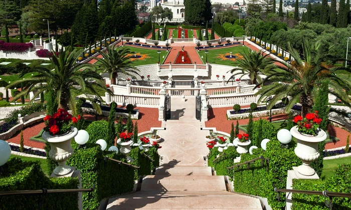HAIFA, ISRAEL APRIL 16, 2012: Top view of the Bahai Garden and Haifa, Israel jpeg
