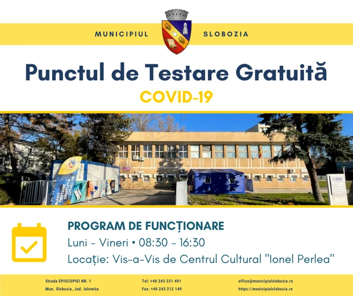 Punctul de testare gratuită va funcţiona în centrul Sloboziei până pe 23 decembrie FOTO Facebook/Municipiul Slobozia