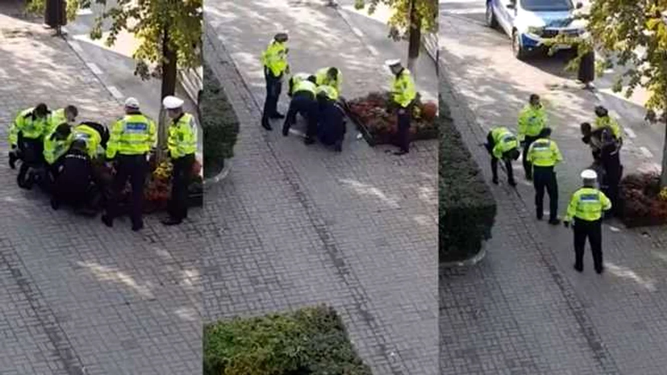 Scandal provocat  în Râmnicu Vâlcea de un tânăr suspectat că s-a urcat la volan sub influenţa drogurilor şi care refuză să fie încătuşat Foto colaj