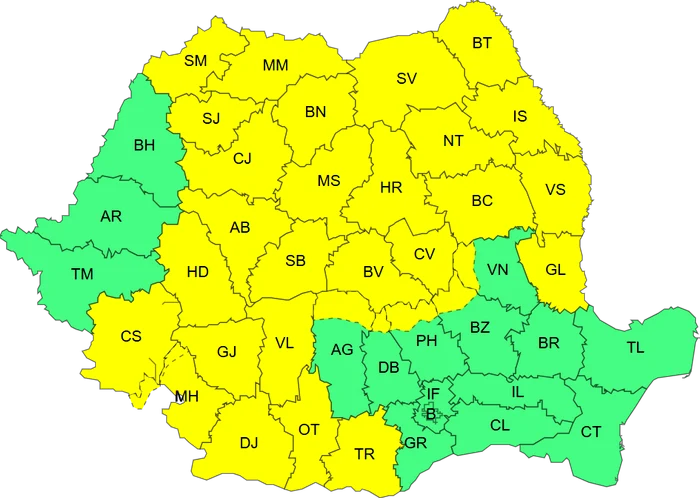 Zonele vizate de Codul galben. FOTO ANM
