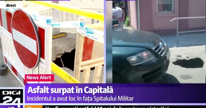 Groapa care s-a format în faţa Spitalului Militar