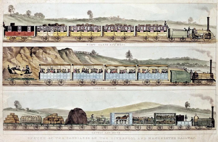 Călătorind de la Liverpool la Manchester: vagoane de clasa I, de clasa a II-a, pentru vite și marfă