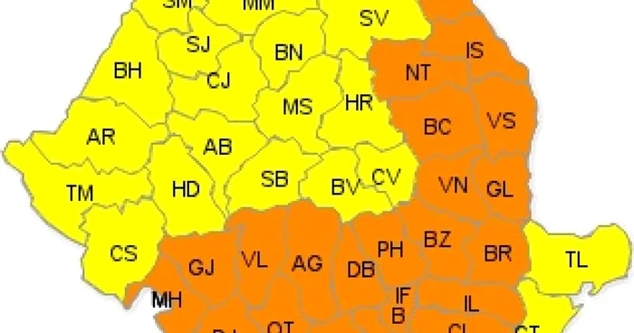 Harta județelor afectate de codul portocaliu