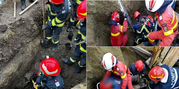 Operațiune de salvare a doi muncitori surprinși de surparea unui șanț în Sinești Vâlcea Colaj ISU Vâlcea