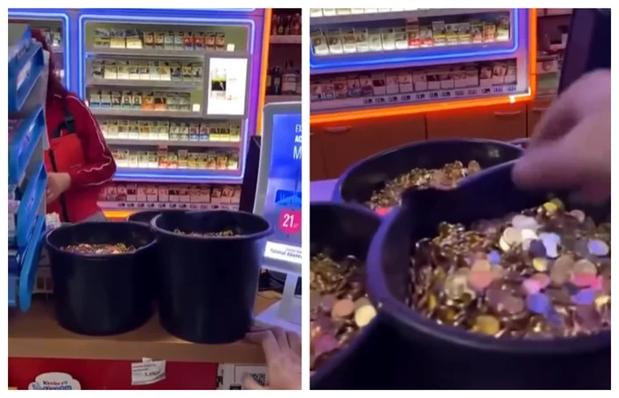 Un bărbat a decis să plătească combustibilul cu trei găleți cu monede de 1 ban FOTO captură video