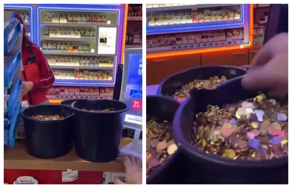 Revoltă la pompă: un șofer din Bacău a încercat să plătească plinul cu 3 găleți cu monede de 1 ban