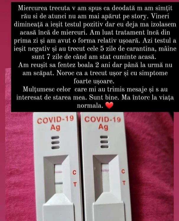 Oana a aflat, vineri dimineață, că are Covid Sursa: Instagram