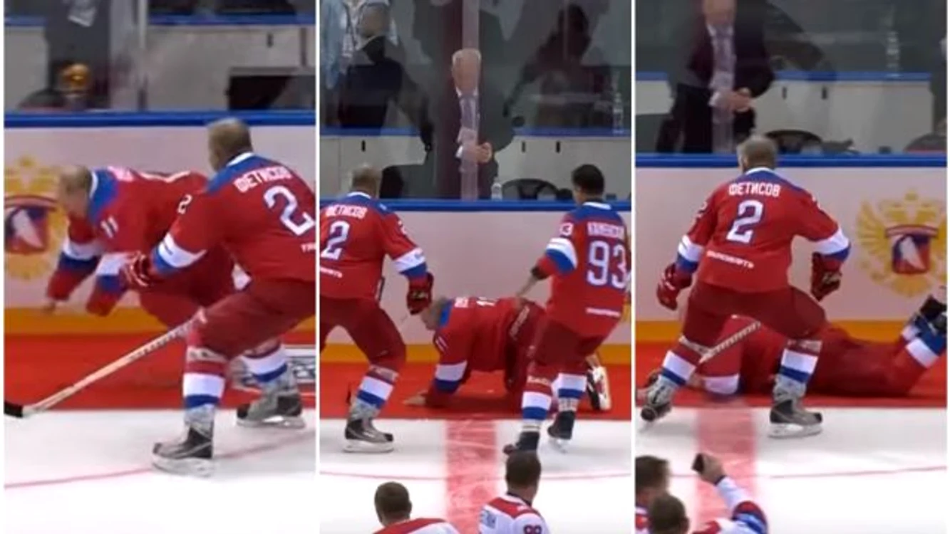 Vladimir Putin cade la hockey
