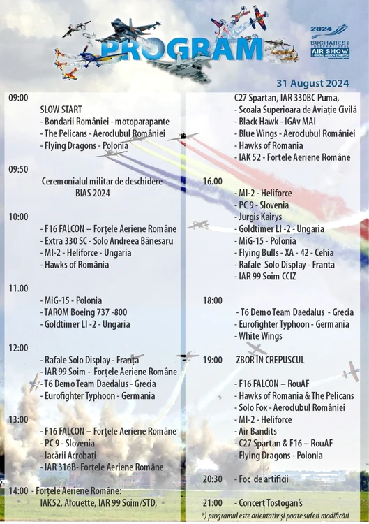 Programul complet al zilei de 31 august. Foto Facebook/Raw Aviation Crew
